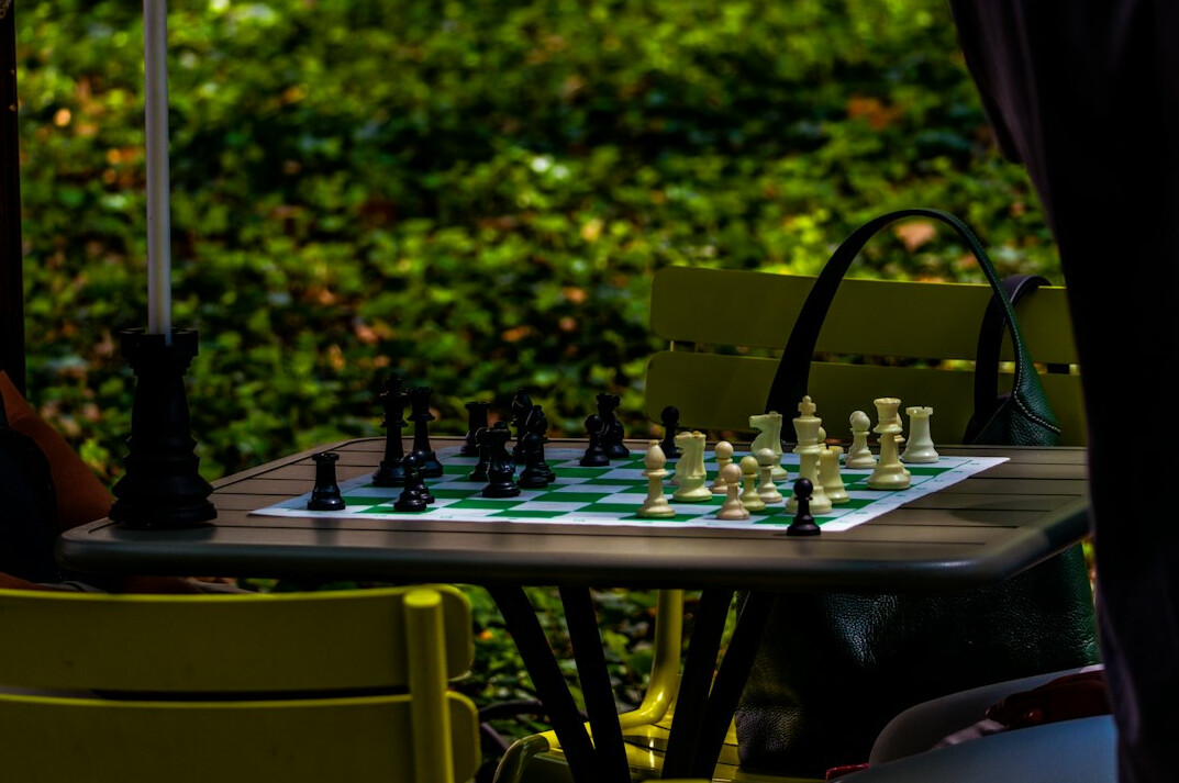 Two seniors playing chess at a wooden table